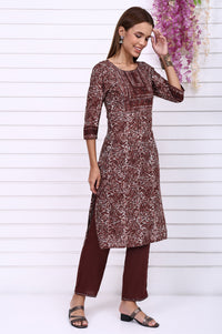 Brown Batik Printed Sequins Modal Straight Kurta, Trousers and Dupatta Set