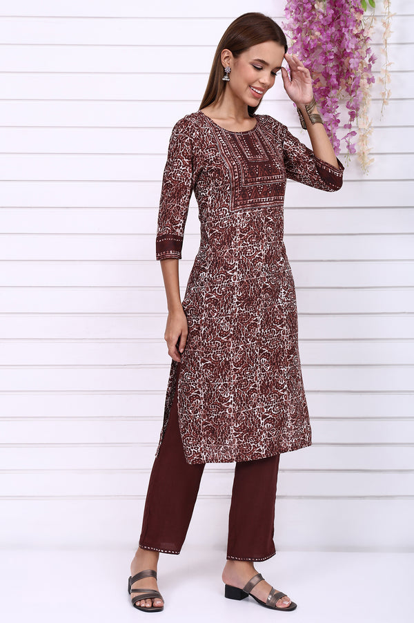 Brown Batik Printed Sequins Modal Straight Kurta, Trousers and Dupatta Set