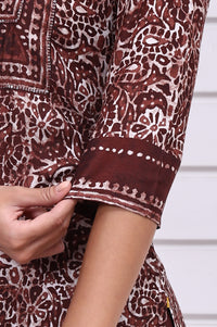 Brown Batik Printed Sequins Modal Straight Kurta, Trousers and Dupatta Set