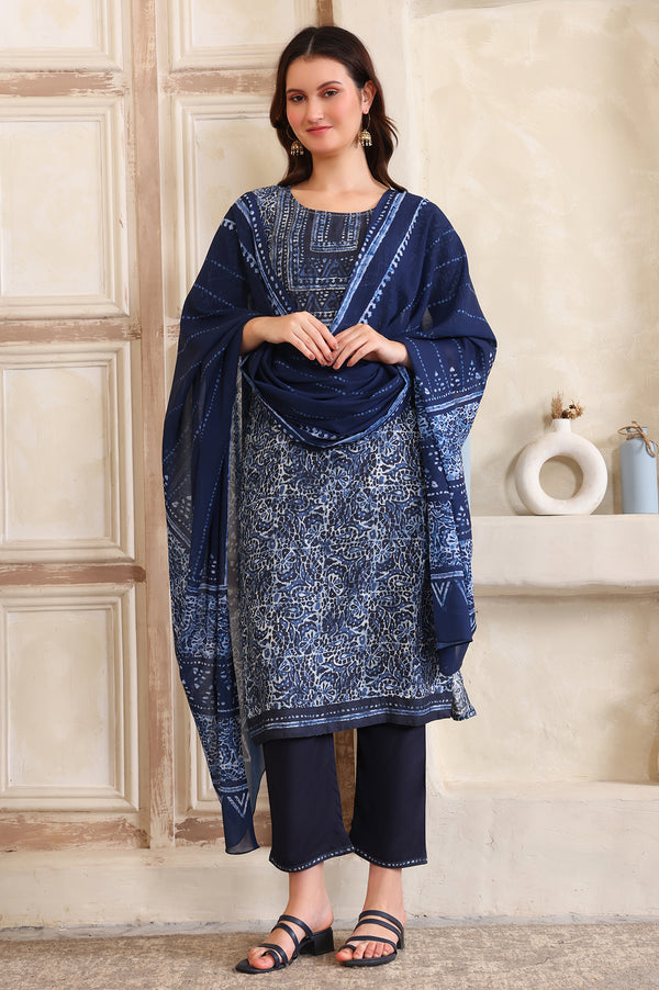 Blue Printed Sequinned Straight Modal Kurta, Trouser and Dupatta Set