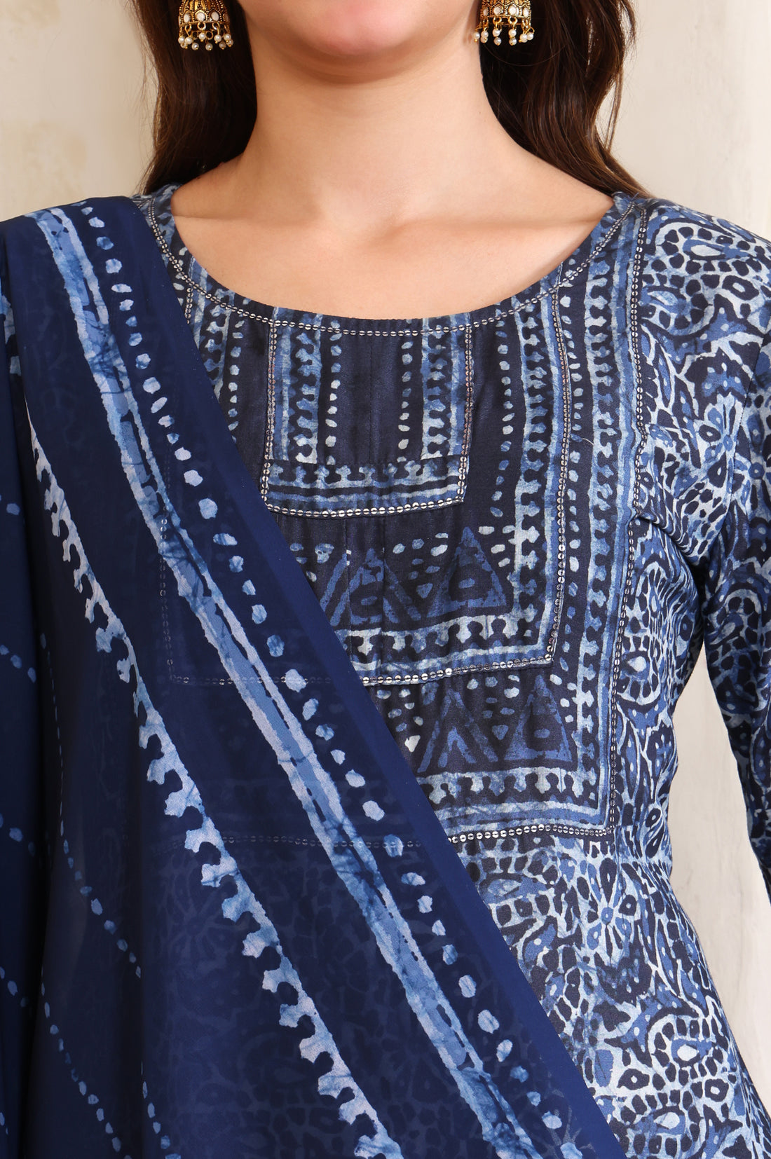 Blue Printed Sequinned Straight Modal Kurta, Trouser and Dupatta Set