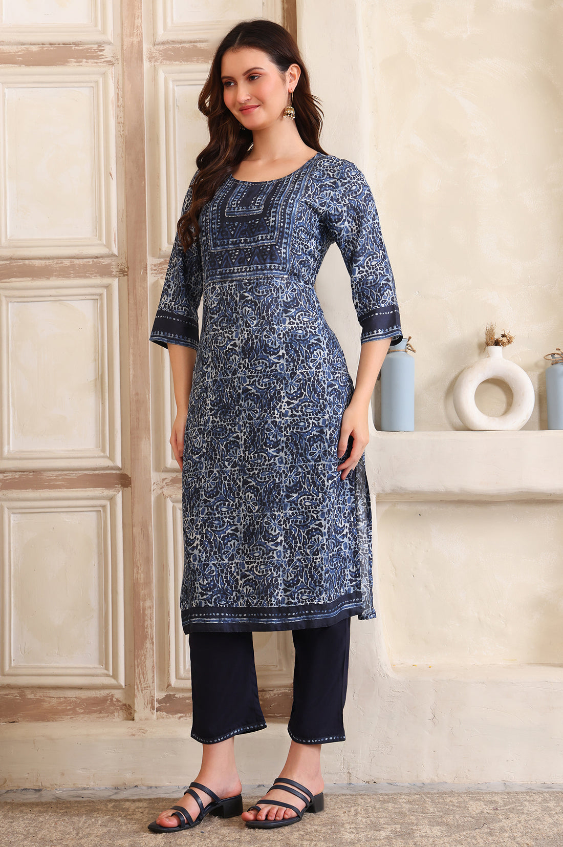 Blue Printed Sequinned Straight Modal Kurta, Trouser and Dupatta Set