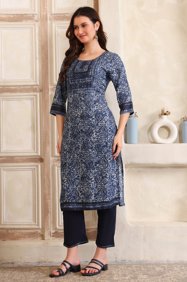Blue Printed Sequinned Straight Modal Kurta, Trouser and Dupatta Set