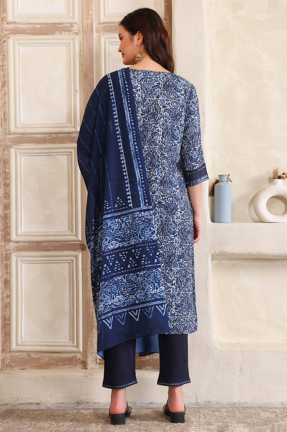 Blue Printed Sequinned Straight Modal Kurta, Trouser and Dupatta Set