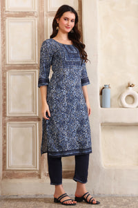 Blue Printed Sequinned Straight Modal Kurta, Trouser and Dupatta Set