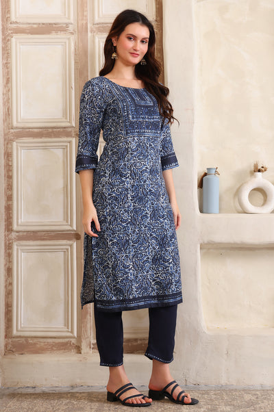 Blue Printed Sequinned Straight Modal Kurta, Trouser and Dupatta Set