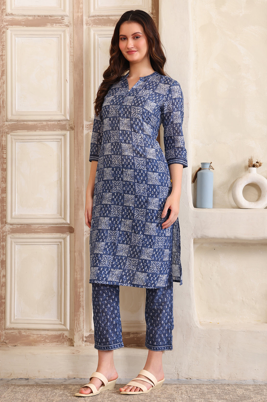 Blue Printed Straight Pure Cotton Kurta and Trouser Co-ord Set