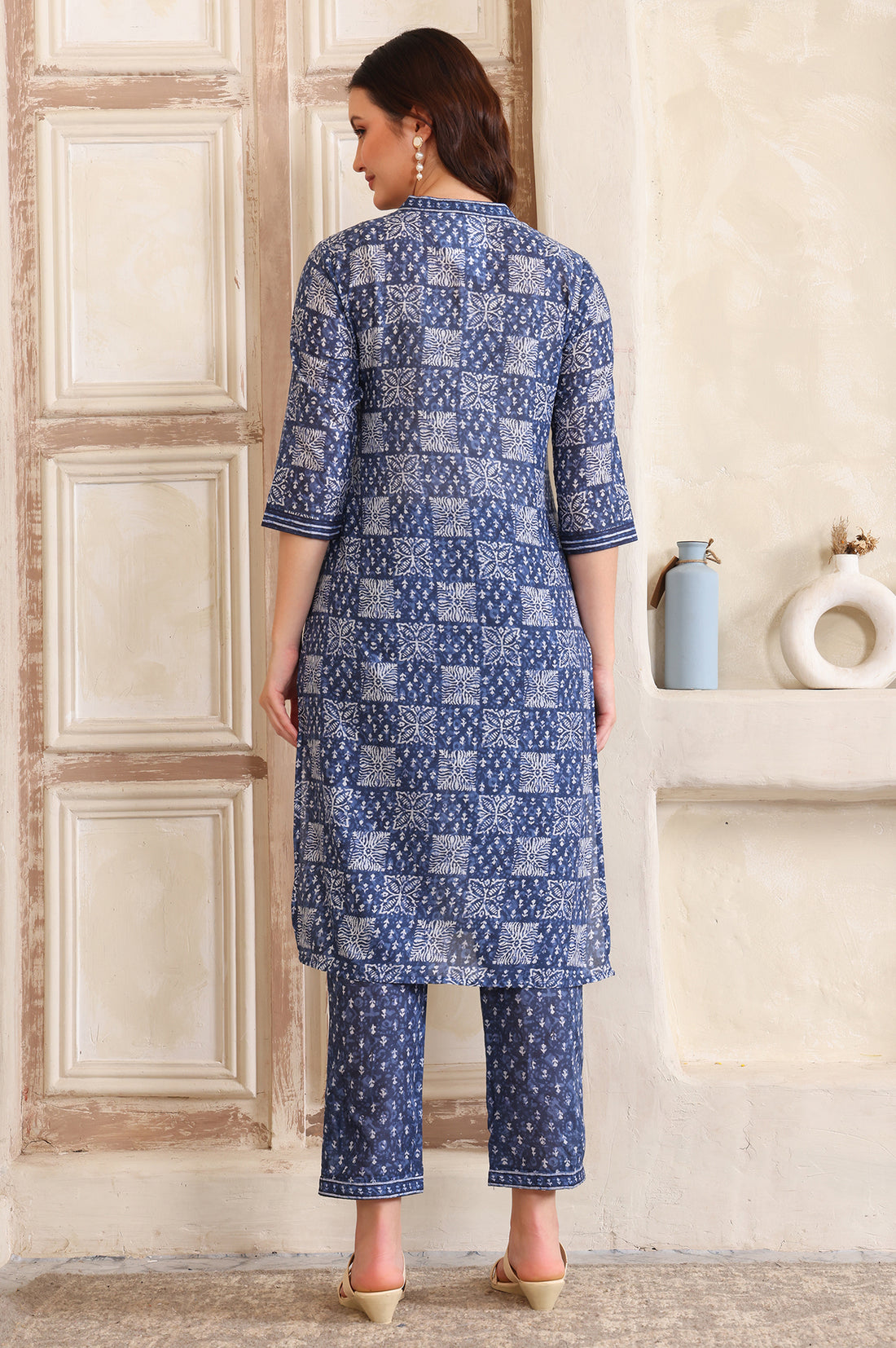 Blue Printed Straight Pure Cotton Kurta and Trouser Co-ord Set