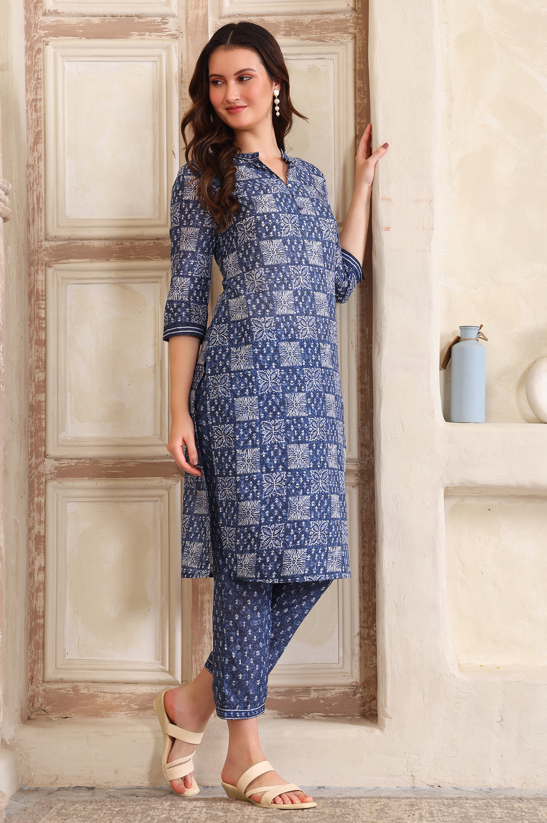 Blue Printed Straight Pure Cotton Kurta and Trouser Co-ord Set