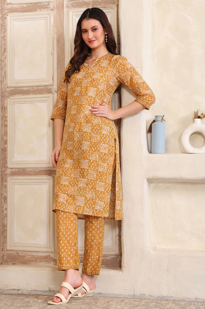 Yellow Printed Straight Cotton Band Collar Kurta and Trouser Co-ord Set