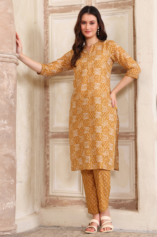 Yellow Printed Straight Cotton Band Collar Kurta and Trouser Co-ord Set