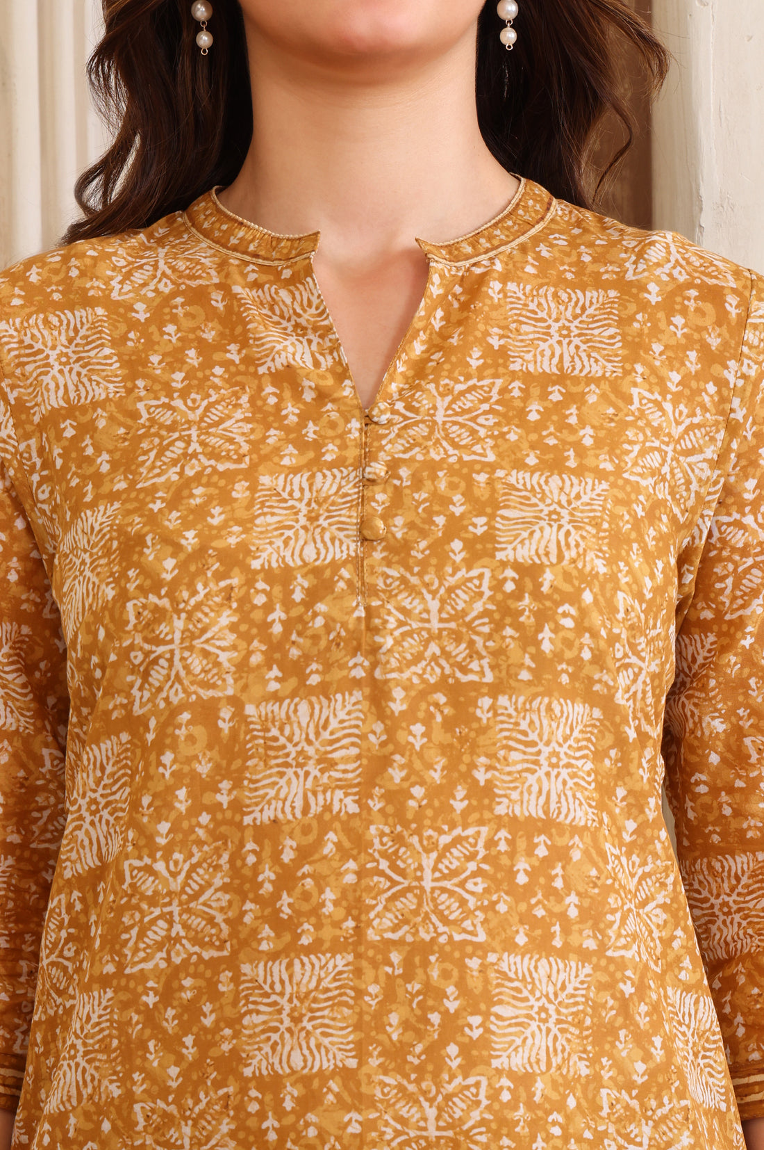 Yellow Printed Straight Cotton Band Collar Kurta and Trouser Co-ord Set