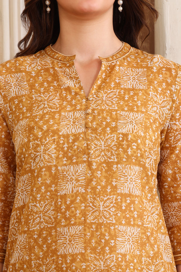 Yellow Printed Straight Cotton Band Collar Kurta and Trouser Co-ord Set