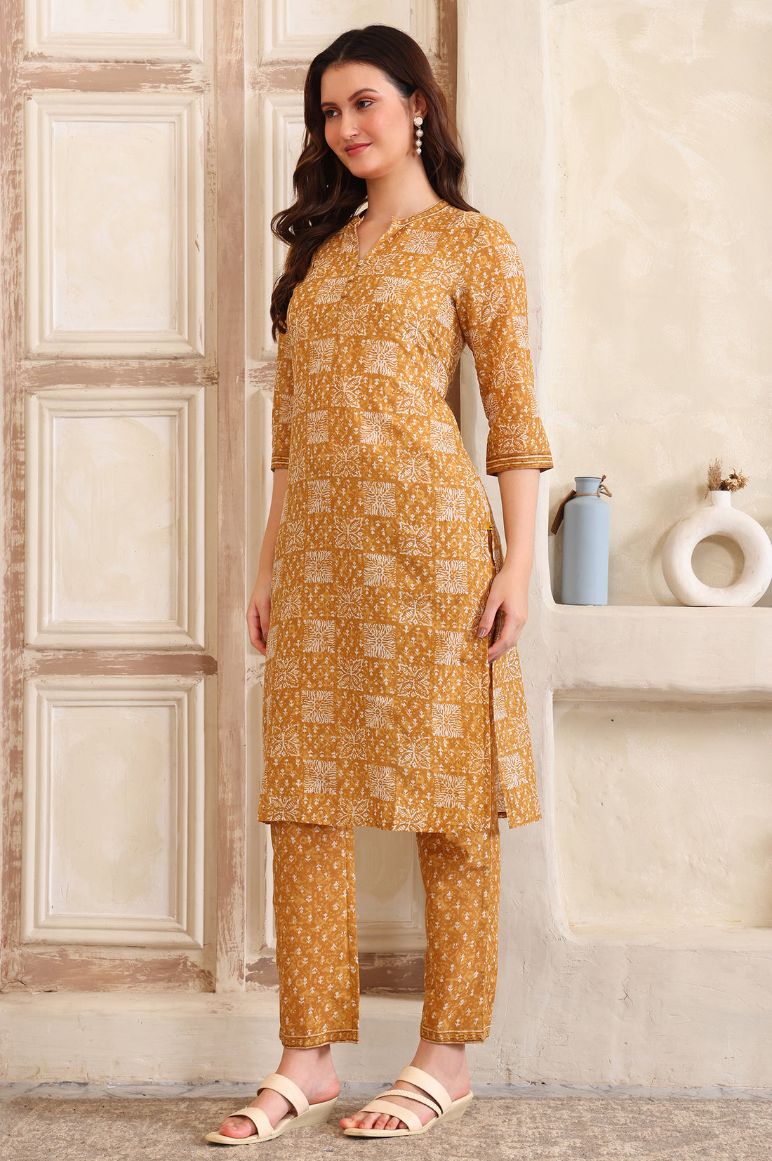 Yellow Printed Straight Cotton Band Collar Kurta and Trouser Co-ord Set