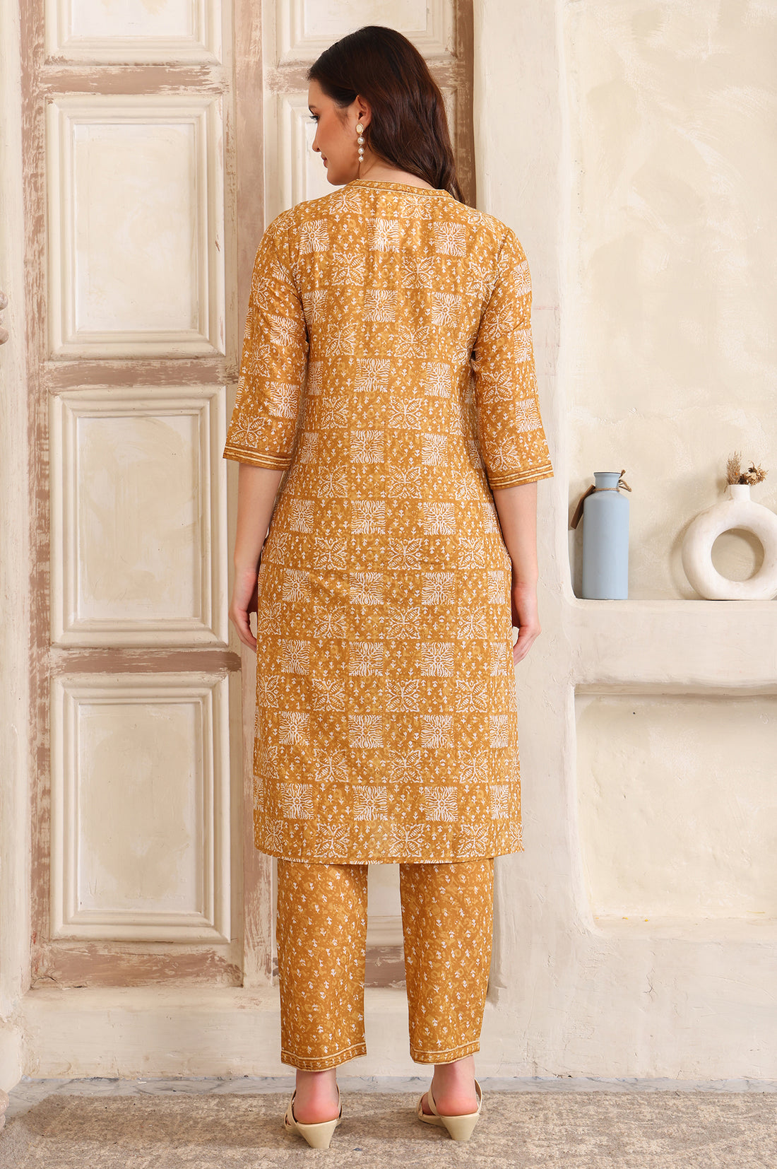 Yellow Printed Straight Cotton Band Collar Kurta and Trouser Co-ord Set