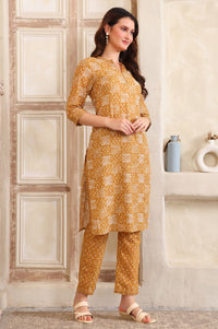 Yellow Printed Straight Cotton Band Collar Kurta and Trouser Co-ord Set