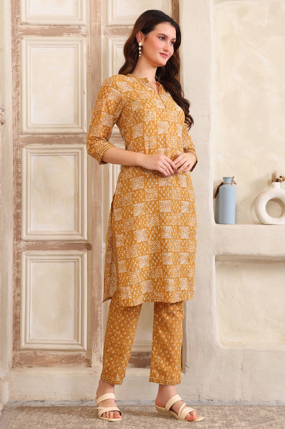 Yellow Printed Straight Cotton Band Collar Kurta and Trouser Co-ord Set