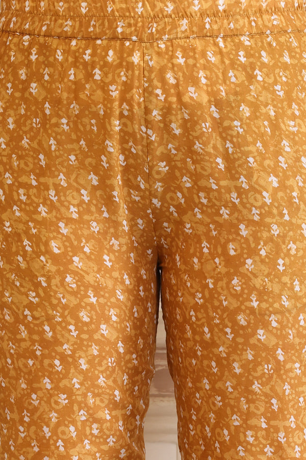 Yellow Printed Straight Cotton Band Collar Kurta and Trouser Co-ord Set