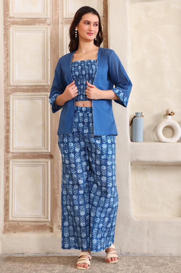 Blue Printed Thread Embroidered Straight Cotton Spaghetti Top, Jacket and Palazzo Set