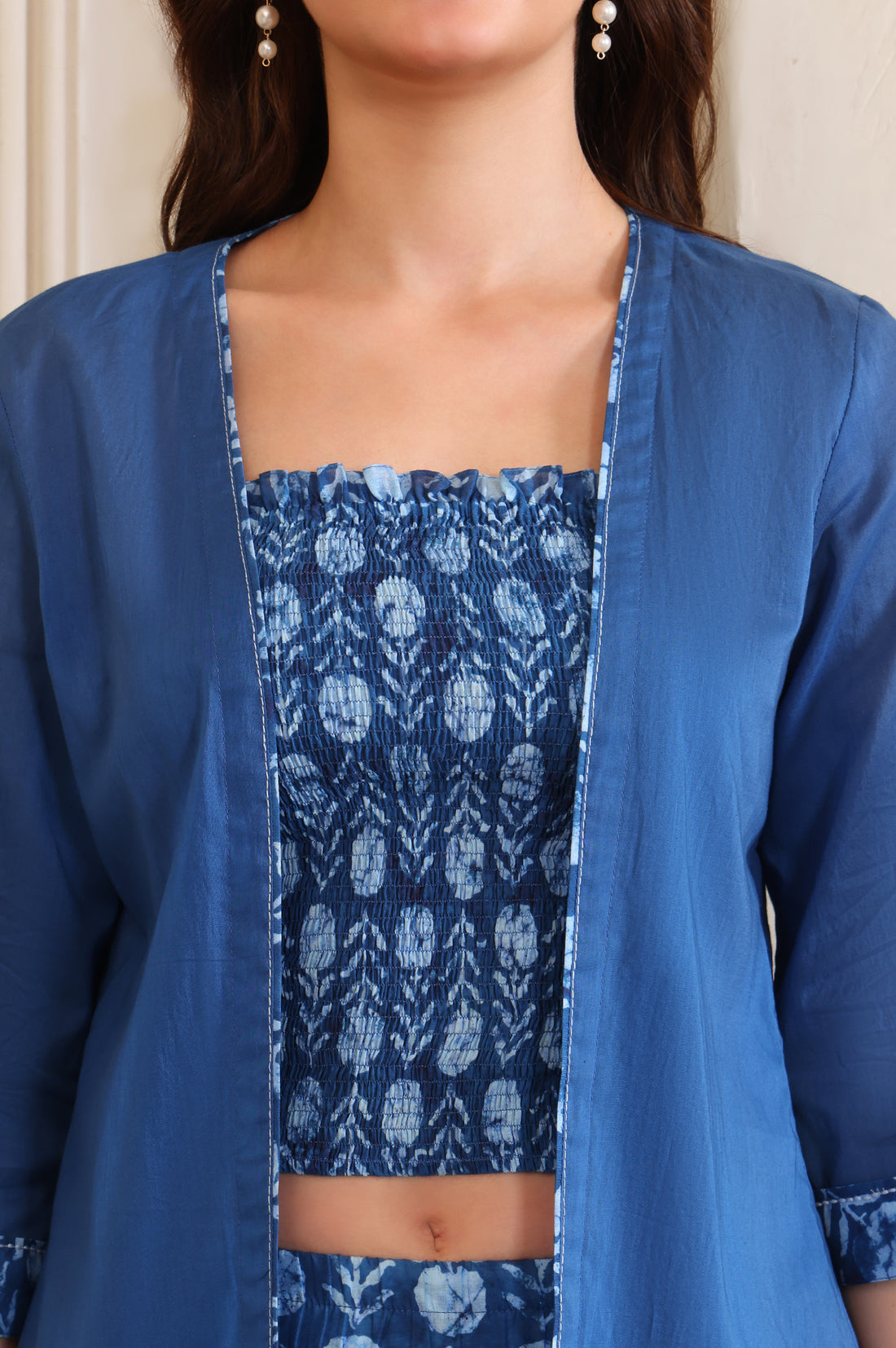 Blue Printed Thread Embroidered Straight Cotton Spaghetti Top, Jacket and Palazzo Set