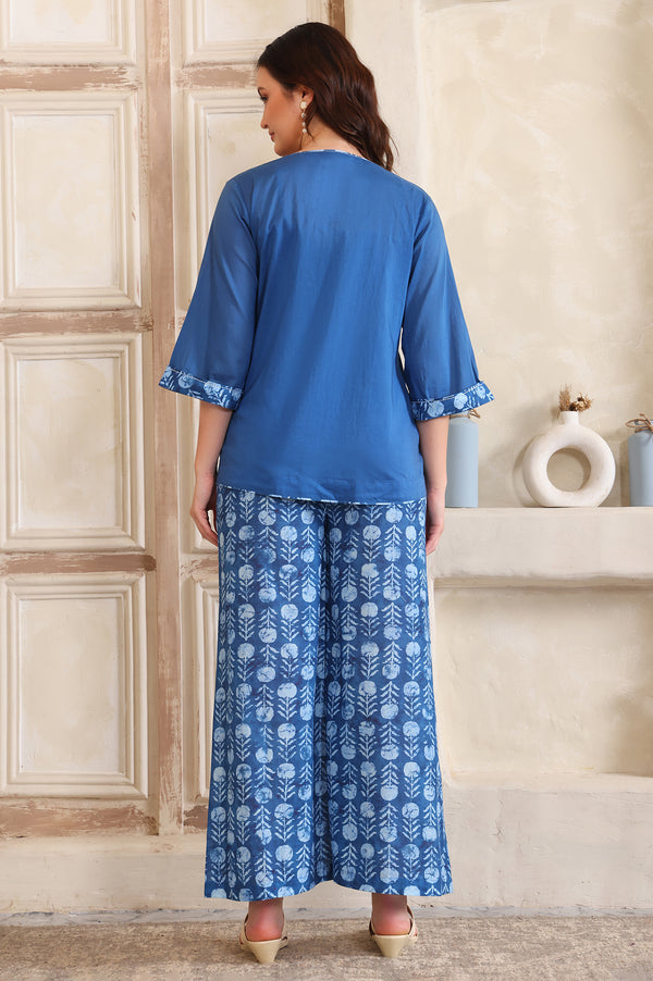 Blue Printed Thread Embroidered Straight Cotton Spaghetti Top, Jacket and Palazzo Set