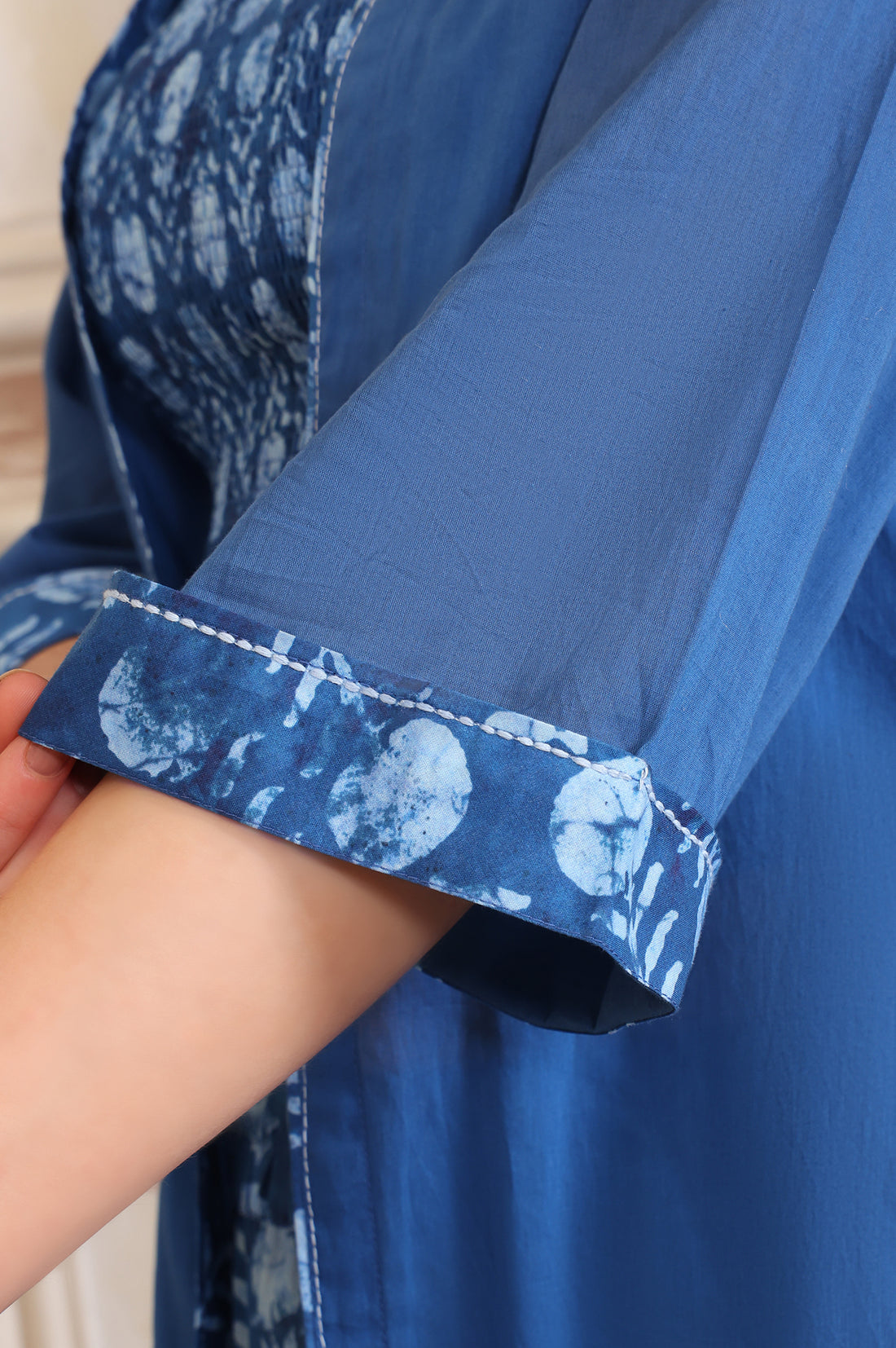 Blue Printed Thread Embroidered Straight Cotton Spaghetti Top, Jacket and Palazzo Set