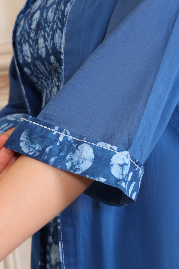 Blue Printed Thread Embroidered Straight Cotton Spaghetti Top, Jacket and Palazzo Set