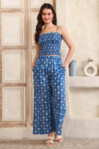 Blue Printed Thread Embroidered Straight Cotton Spaghetti Top, Jacket and Palazzo Set