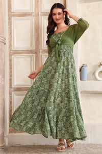 Green Floral Printed Flared Pure Cotton Spaghetti Dress and Crop Jacket Set