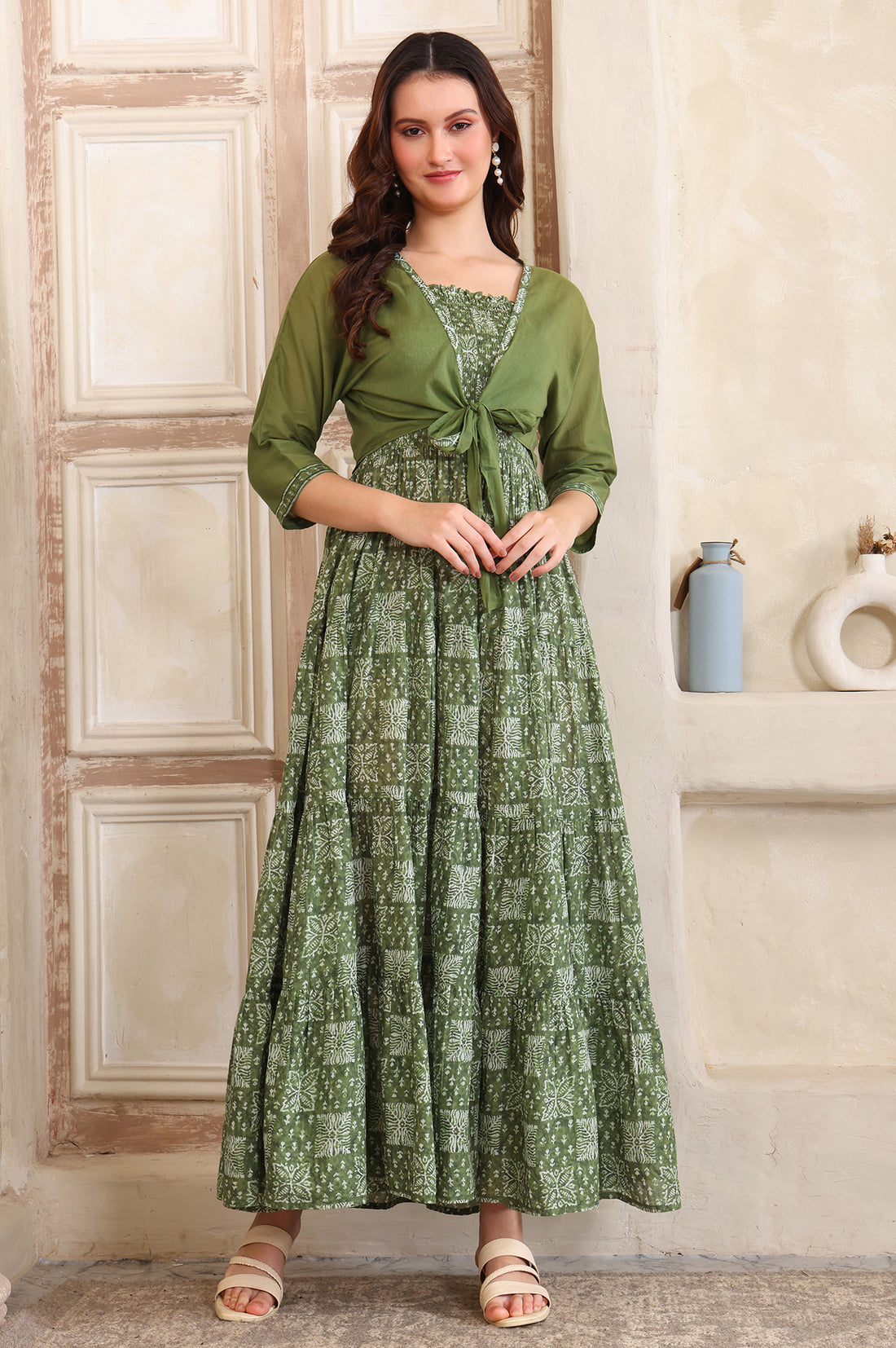 Green Floral Printed Flared Pure Cotton Spaghetti Dress and Crop Jacket Set