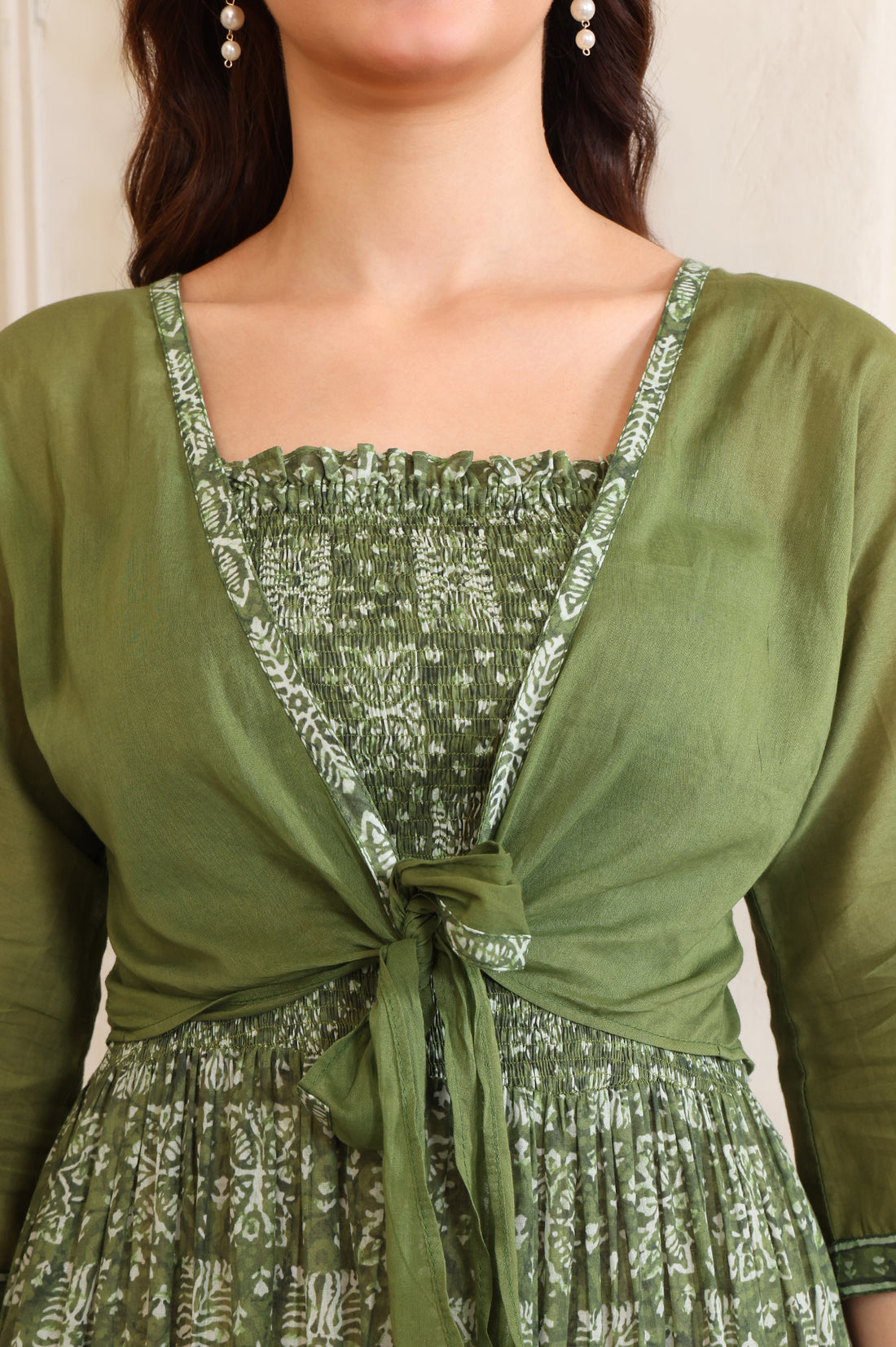 Green Floral Printed Flared Pure Cotton Spaghetti Dress and Crop Jacket Set