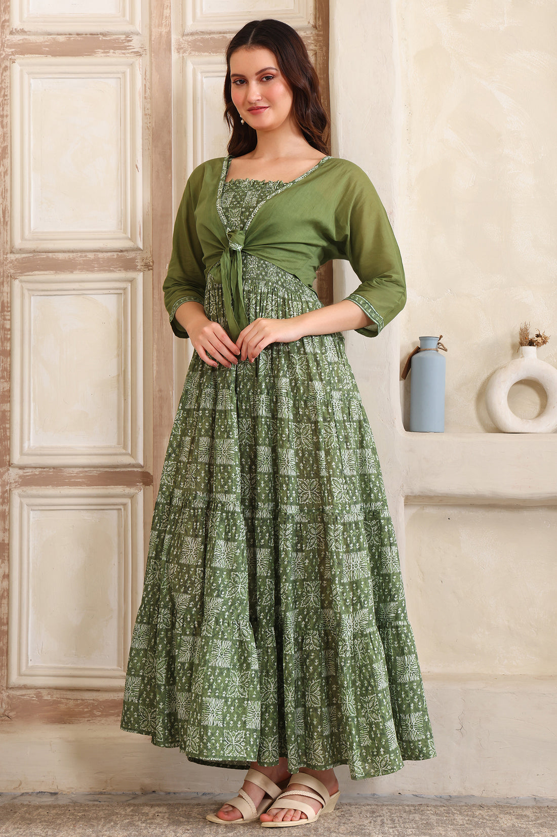 Green Floral Printed Flared Pure Cotton Spaghetti Dress and Crop Jacket Set