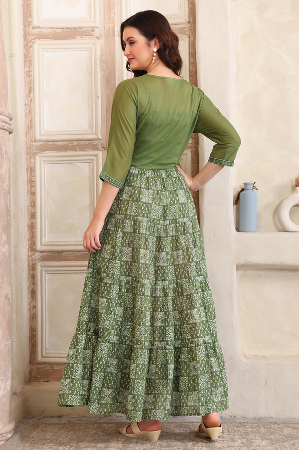 Green Floral Printed Flared Pure Cotton Spaghetti Dress and Crop Jacket Set