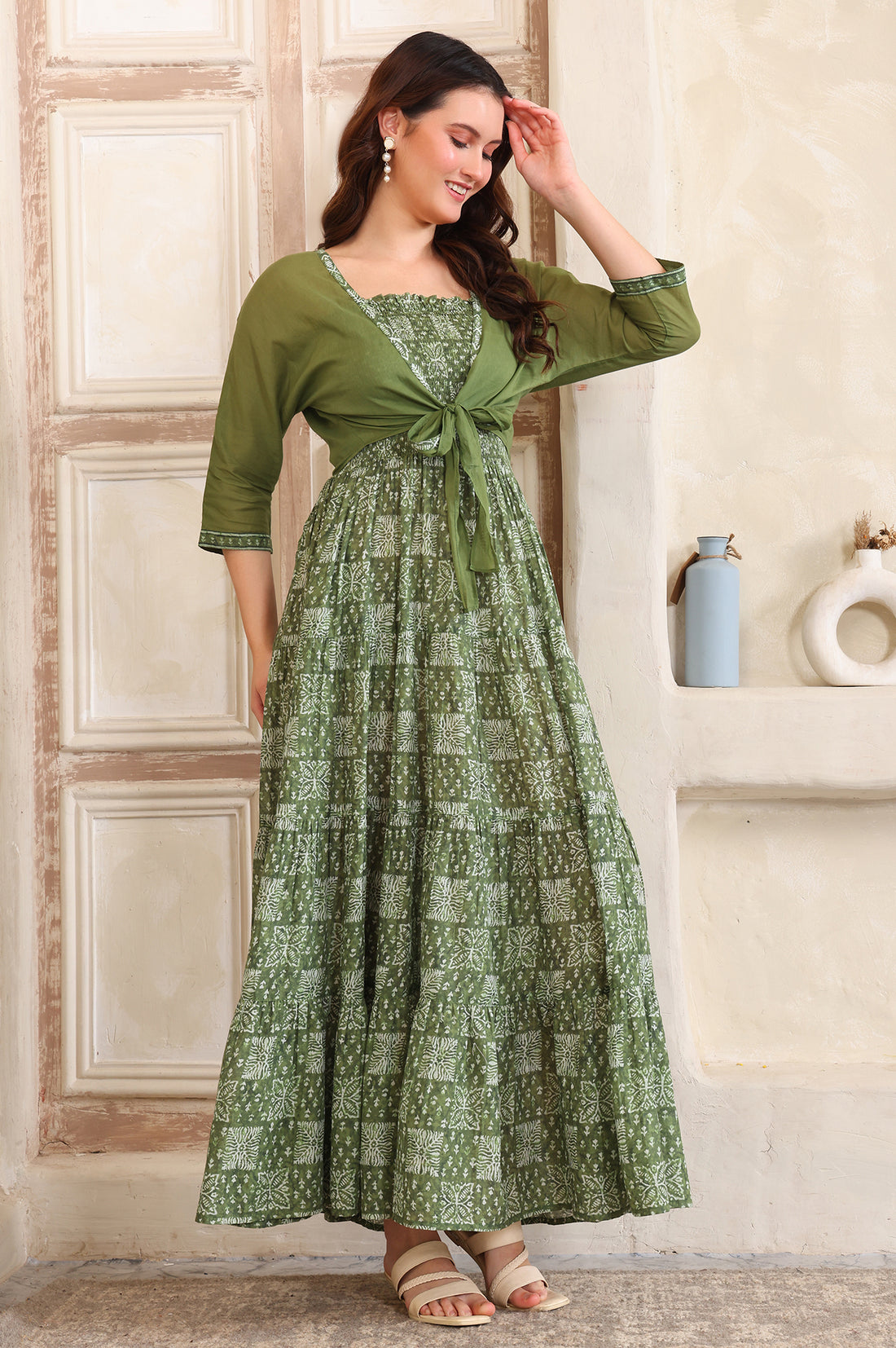 Green Floral Printed Flared Pure Cotton Spaghetti Dress and Crop Jacket Set