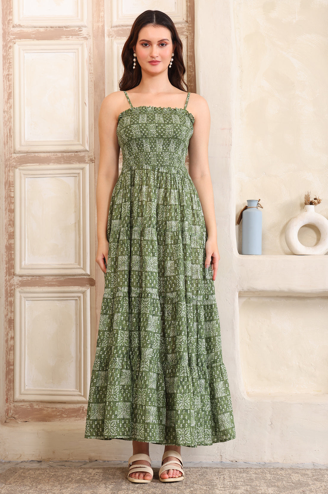 Green Floral Printed Flared Pure Cotton Spaghetti Dress and Crop Jacket Set