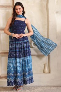 Blue Batik Printed Straight Pure Cotton Spaghetti Crop Top, Flared Skirt and Stole Set