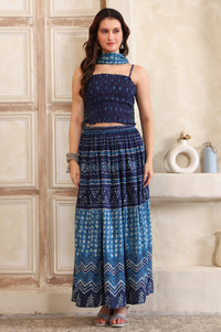 Blue Batik Printed Straight Pure Cotton Spaghetti Crop Top, Flared Skirt and Stole Set