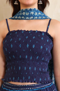 Blue Batik Printed Straight Pure Cotton Spaghetti Crop Top, Flared Skirt and Stole Set