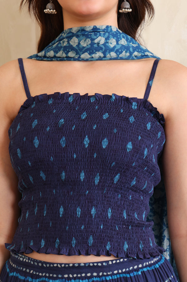 Blue Batik Printed Straight Pure Cotton Spaghetti Crop Top, Flared Skirt and Stole Set