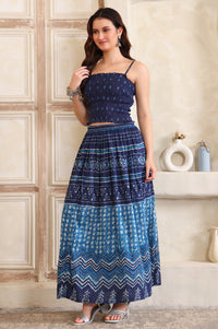 Blue Batik Printed Straight Pure Cotton Spaghetti Crop Top, Flared Skirt and Stole Set