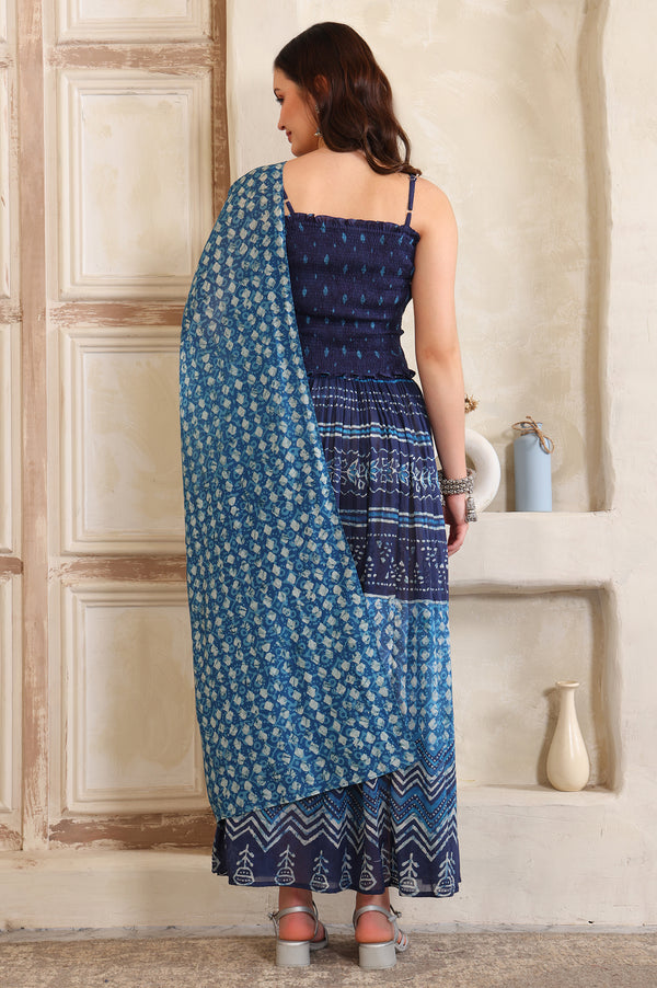 Blue Batik Printed Straight Pure Cotton Spaghetti Crop Top, Flared Skirt and Stole Set