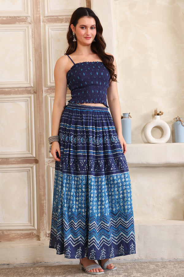 Blue Batik Printed Straight Pure Cotton Spaghetti Crop Top, Flared Skirt and Stole Set