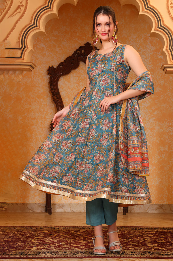 Blue Botanical Printed Tape Embroidered Anarkali Kurta, Trouser and Dupatta Set