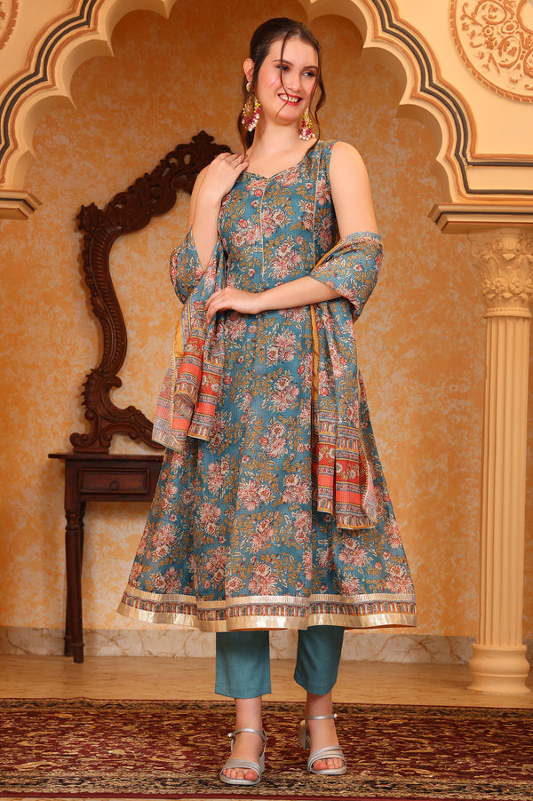 Blue Botanical Printed Tape Embroidered Anarkali Kurta, Trouser and Dupatta Set