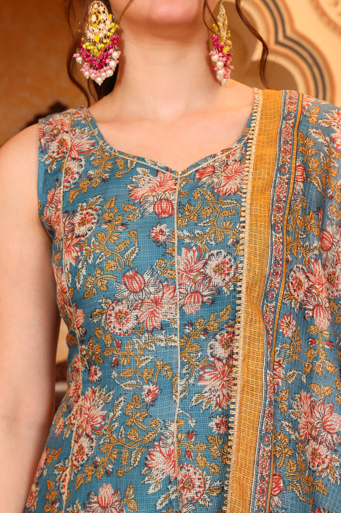 Blue Botanical Printed Tape Embroidered Anarkali Kurta, Trouser and Dupatta Set