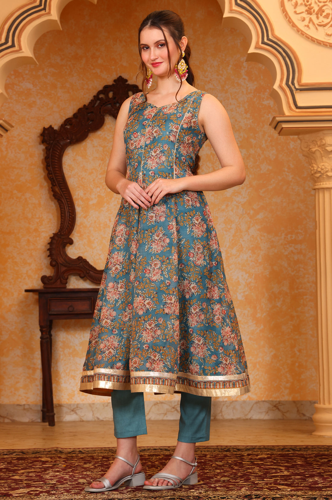 Blue Botanical Printed Tape Embroidered Anarkali Kurta, Trouser and Dupatta Set