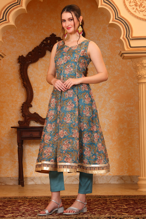 Blue Botanical Printed Tape Embroidered Anarkali Kurta, Trouser and Dupatta Set