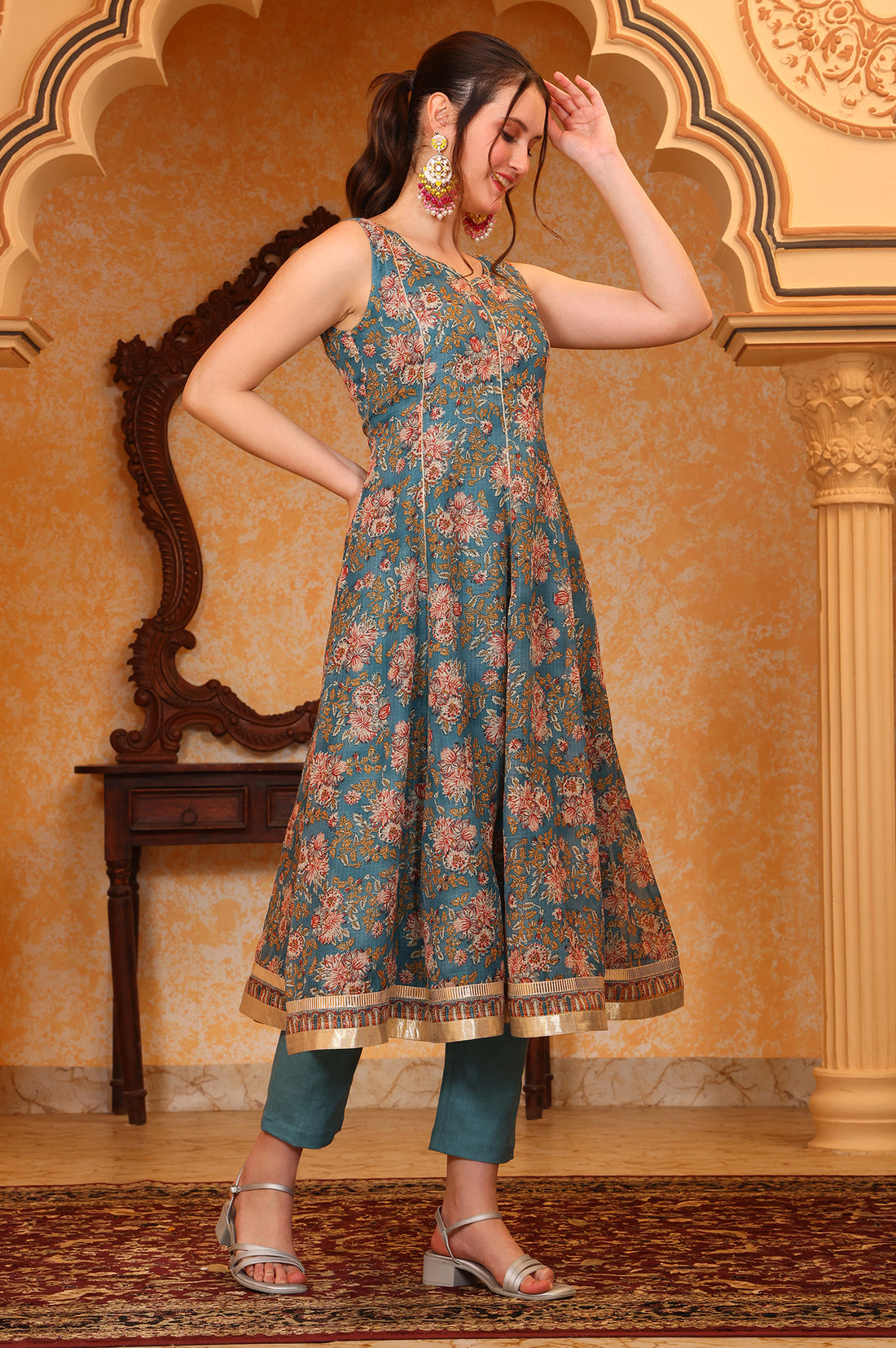 Blue Botanical Printed Tape Embroidered Anarkali Kurta, Trouser and Dupatta Set