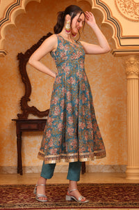 Blue Botanical Printed Tape Embroidered Anarkali Kurta, Trouser and Dupatta Set