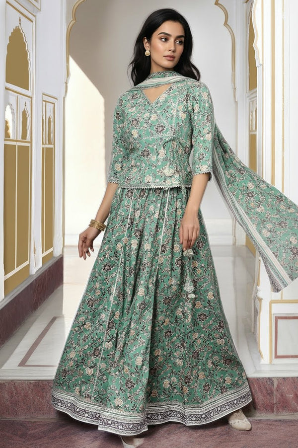 Green Floral Printed Lace Pure Cotton Straight Top, Skirt and Stole Set